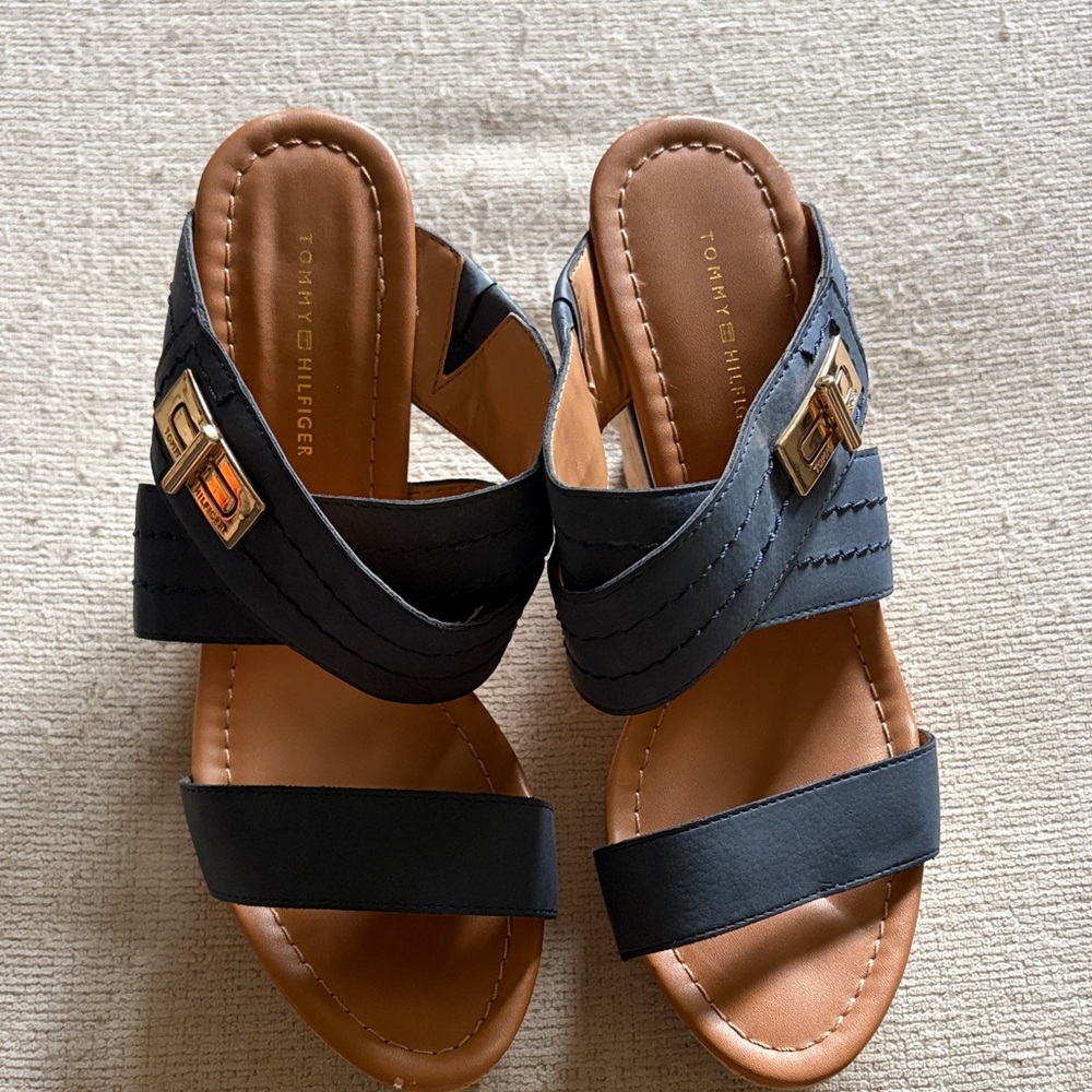 Tommy Hilfiger Blue and Brown Wedge Slide Sandals
